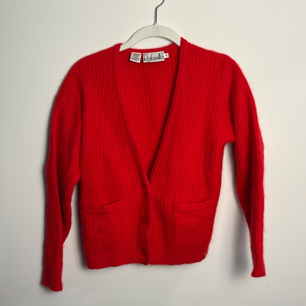 Rafaella women's red cardigan size S small Angora Rabbit and Lambs wool